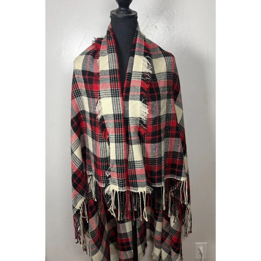 Madewell Red Black Cream Scarf with Fringe Wrap Cover Layering Outdoors Snow Ski